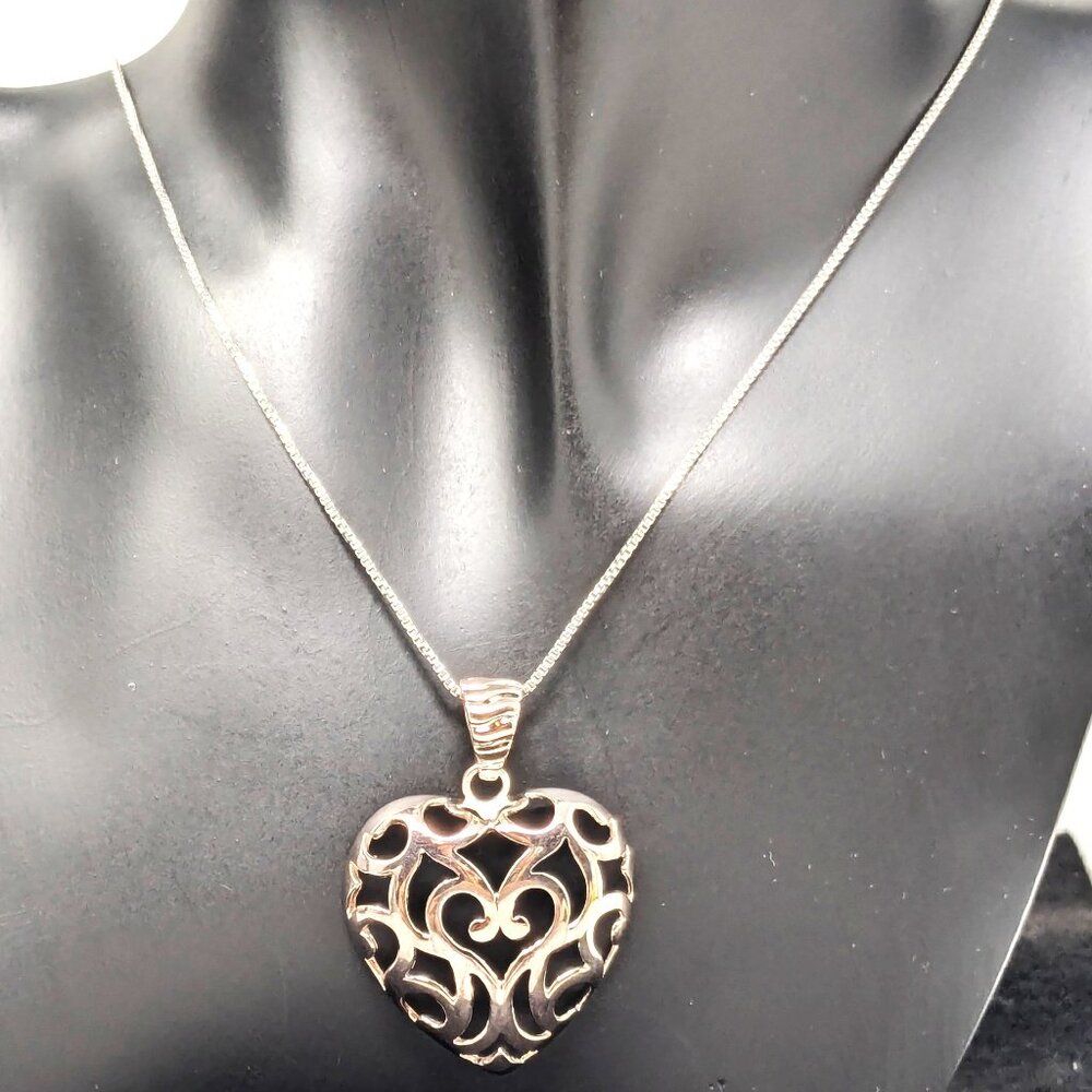 Sterling Silver Heart Pendant Necklace Puffed Filigree Scroll Milor Italy 8.9 Gr